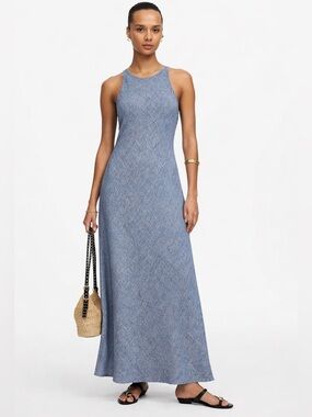 Chic Bias-Cut 100% Linen Maxi Sheath Dress w/ Side Slits